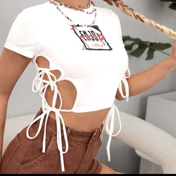 🤑4/&25🤑 Cut Out Knot Side Crop Tee XL - Picture 1 of 6